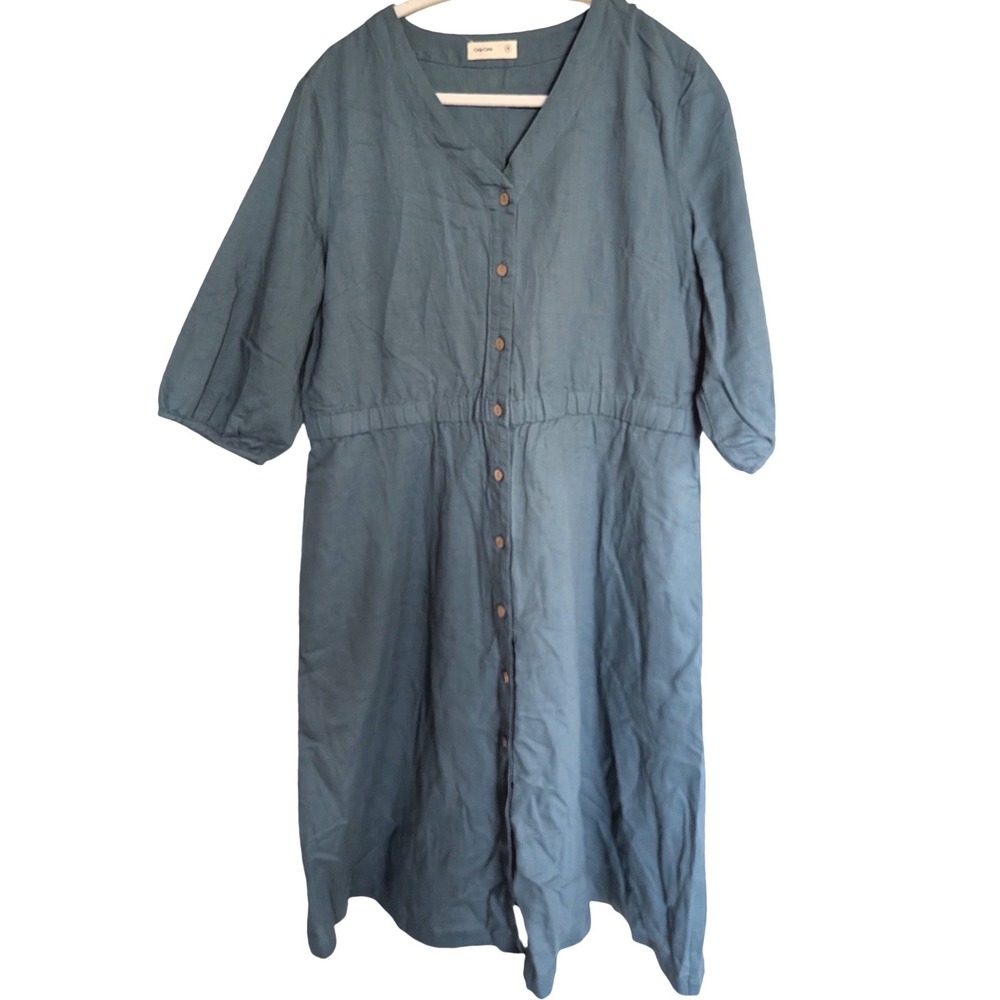 Grae Cove Blue Grey Linen Cotton Blend Button Front Midi Dress Womens Medium